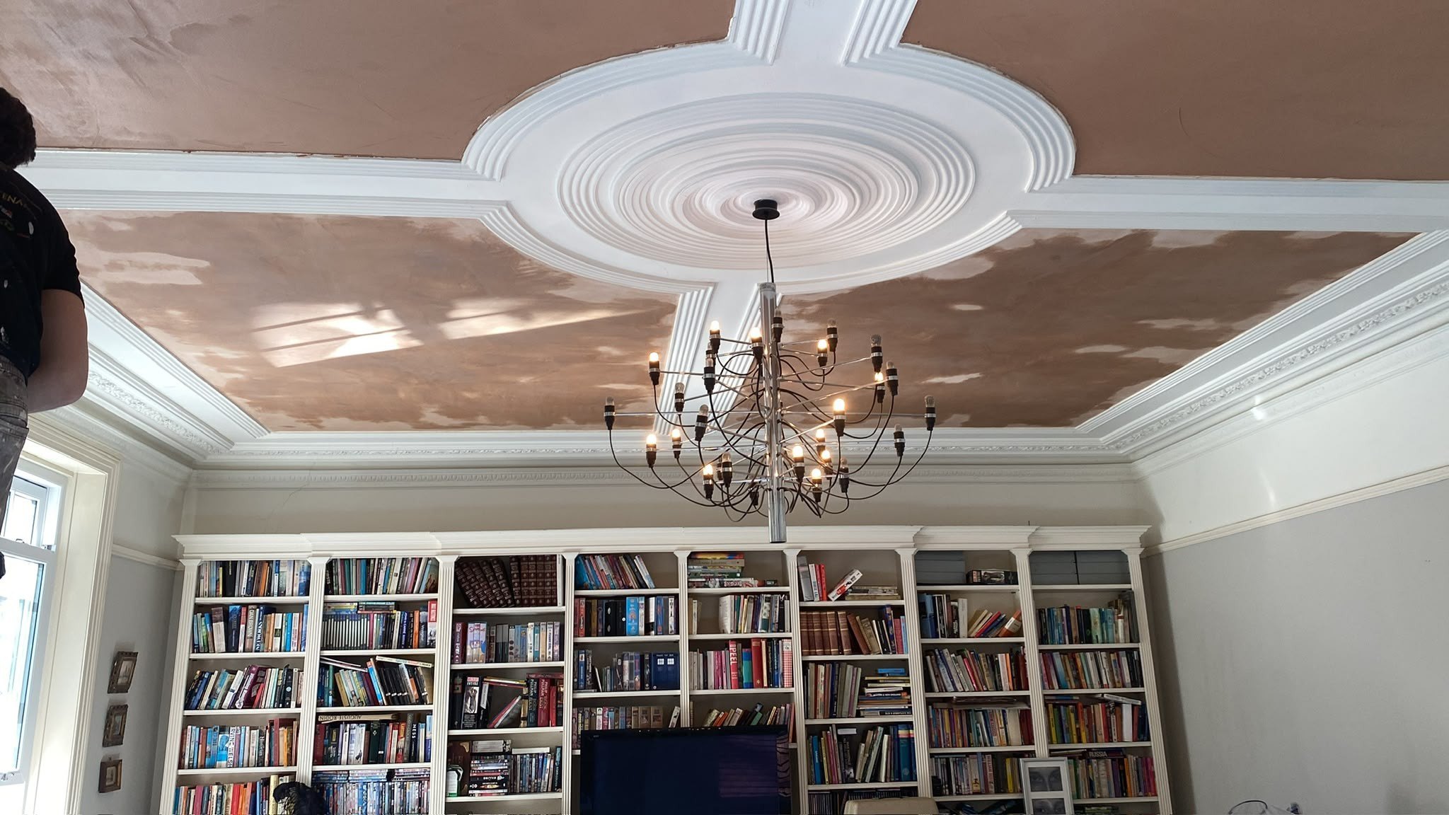 Decorative ceiling panels and rose skimmed, after