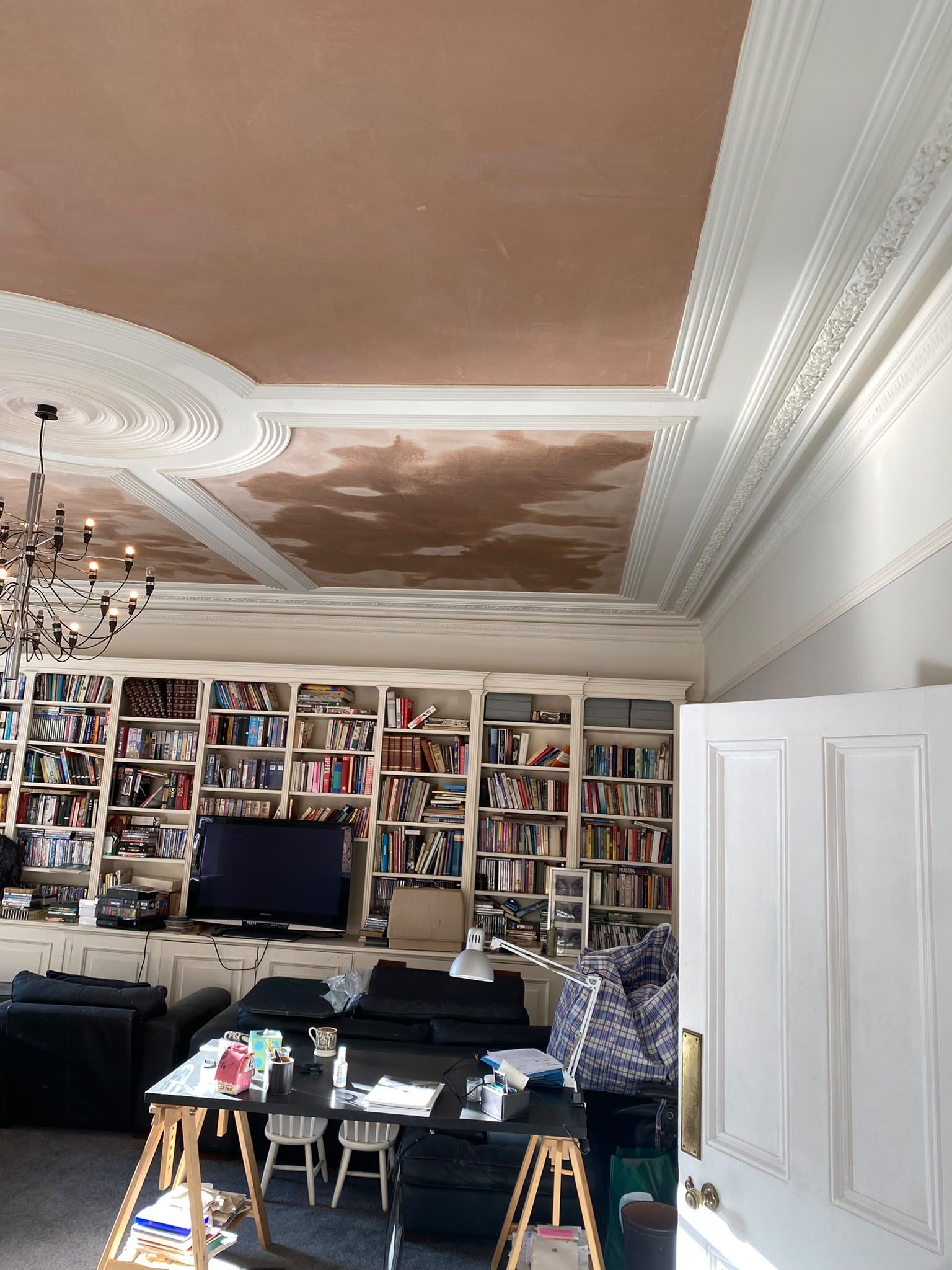 Library ceiling skimmed under the chandelier, after