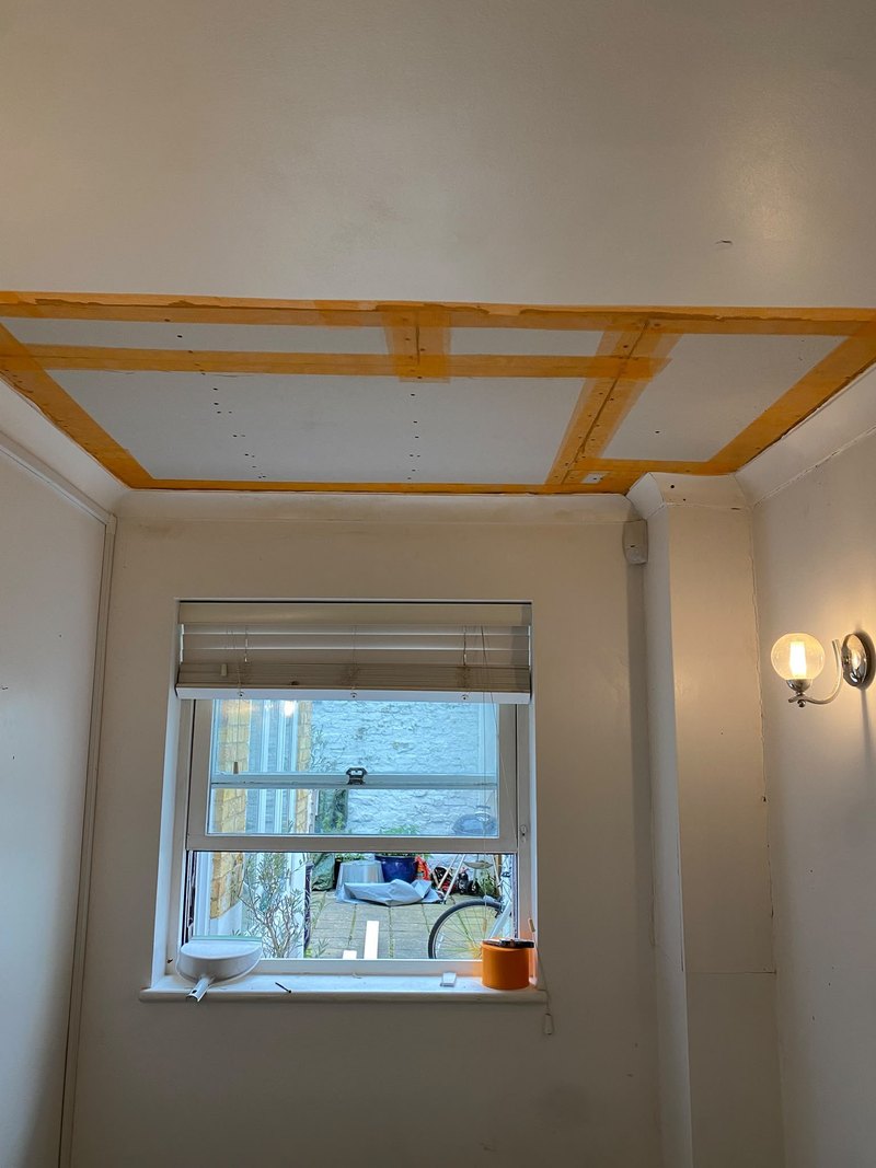 Ceiling stripped and new battens fixed, during