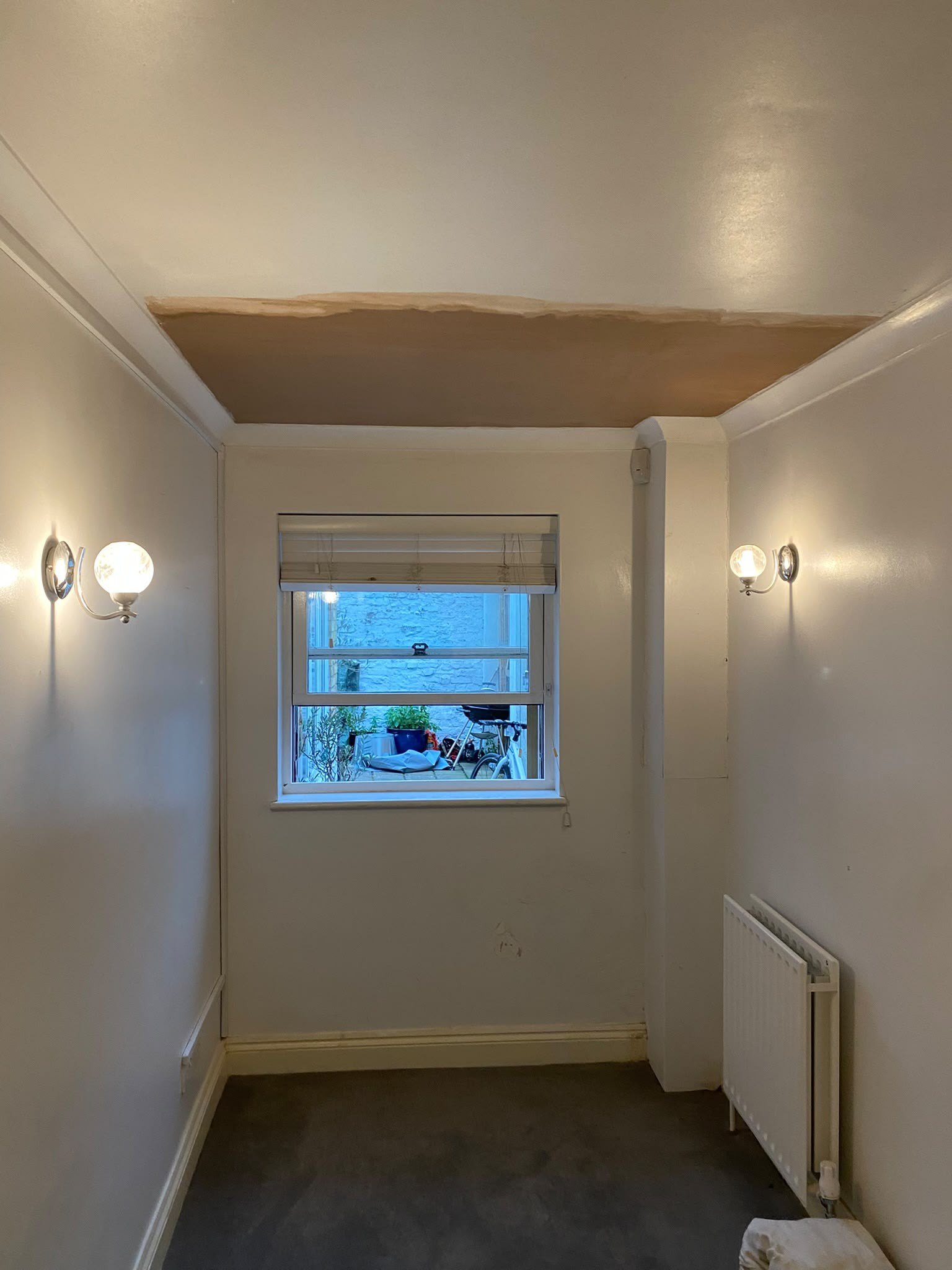 Ceiling reboarded and skimmed, after