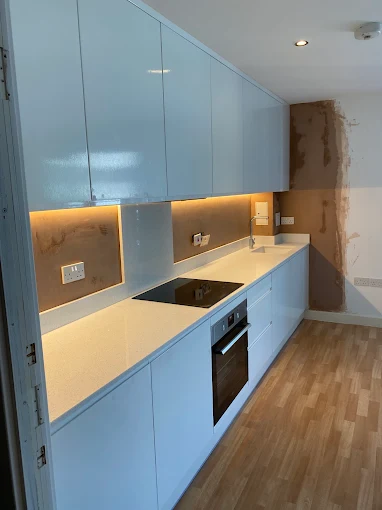 Kitchen walls skimmed around units