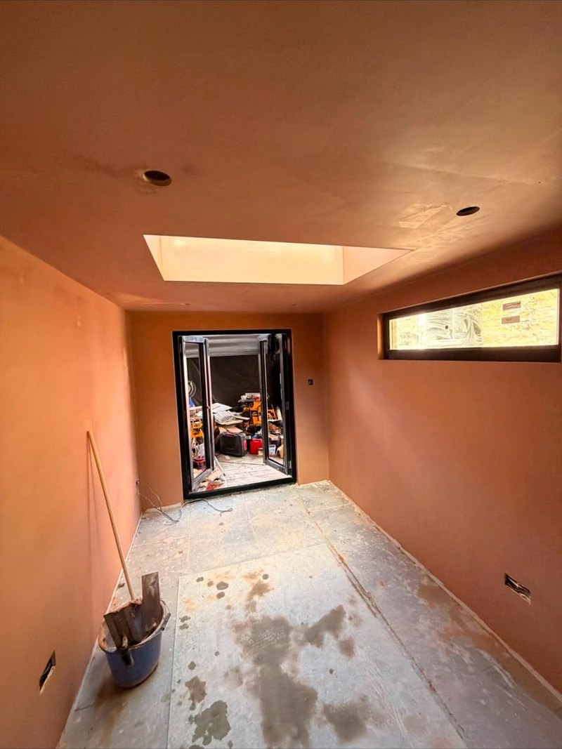 Extension walls and ceiling skimmed, after