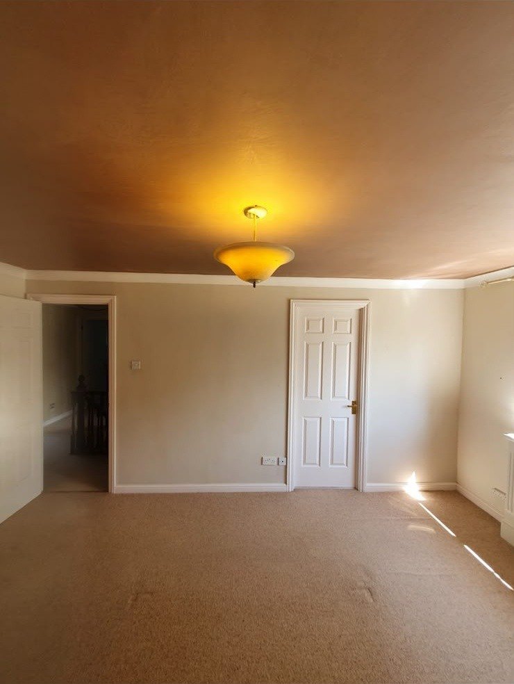 Main bedroom ceiling skimmed and finished, after