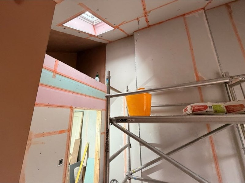 Extension ceiling boarded with the scaffold up, during