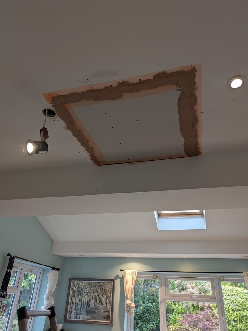 Kitchen ceiling patch boarded and scrimmed, during