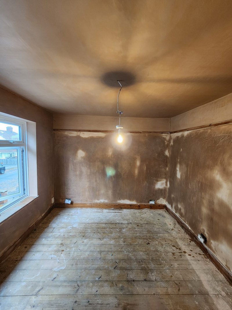Second bedroom walls and ceiling skimmed, after