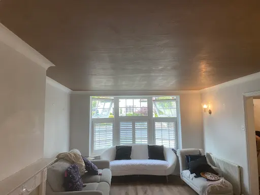 Living room ceiling skimmed bay window finished