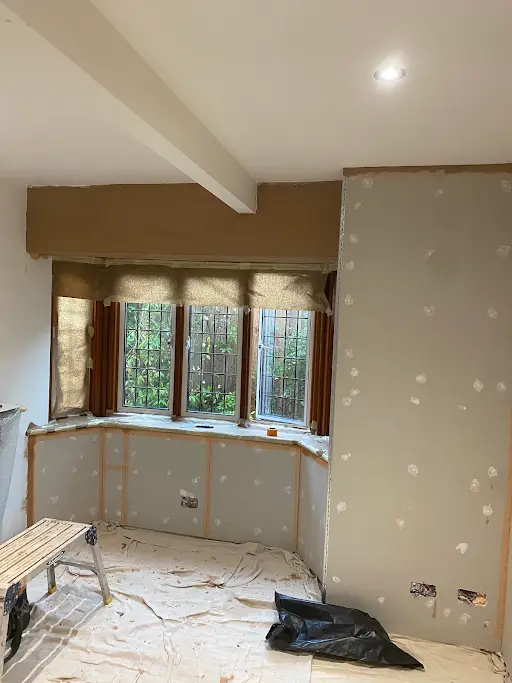 Bay window plasterboarded dry lined before skim