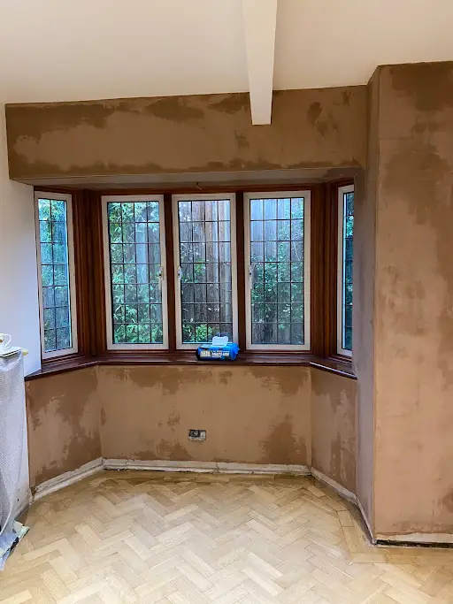 Bay window room skimmed parquet floor, after