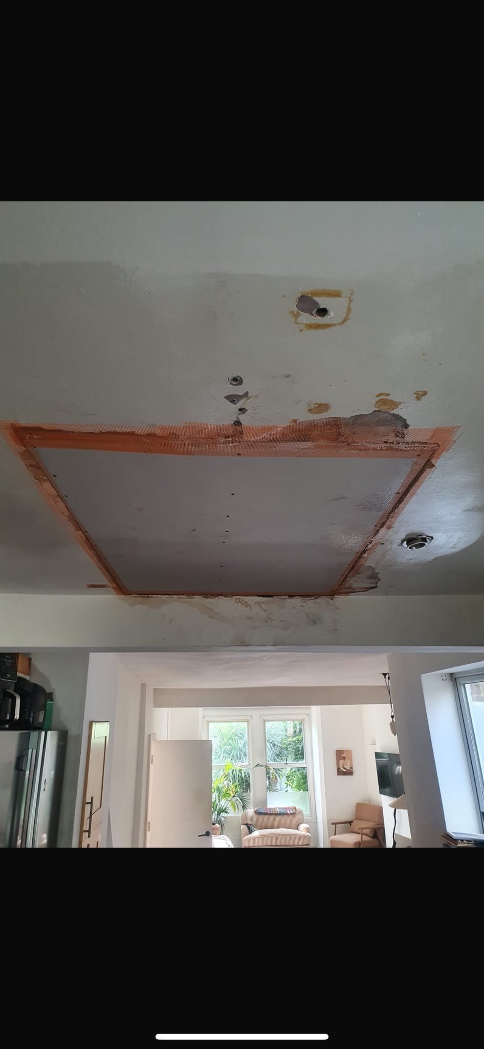 Ceiling cut back square and bonded, during